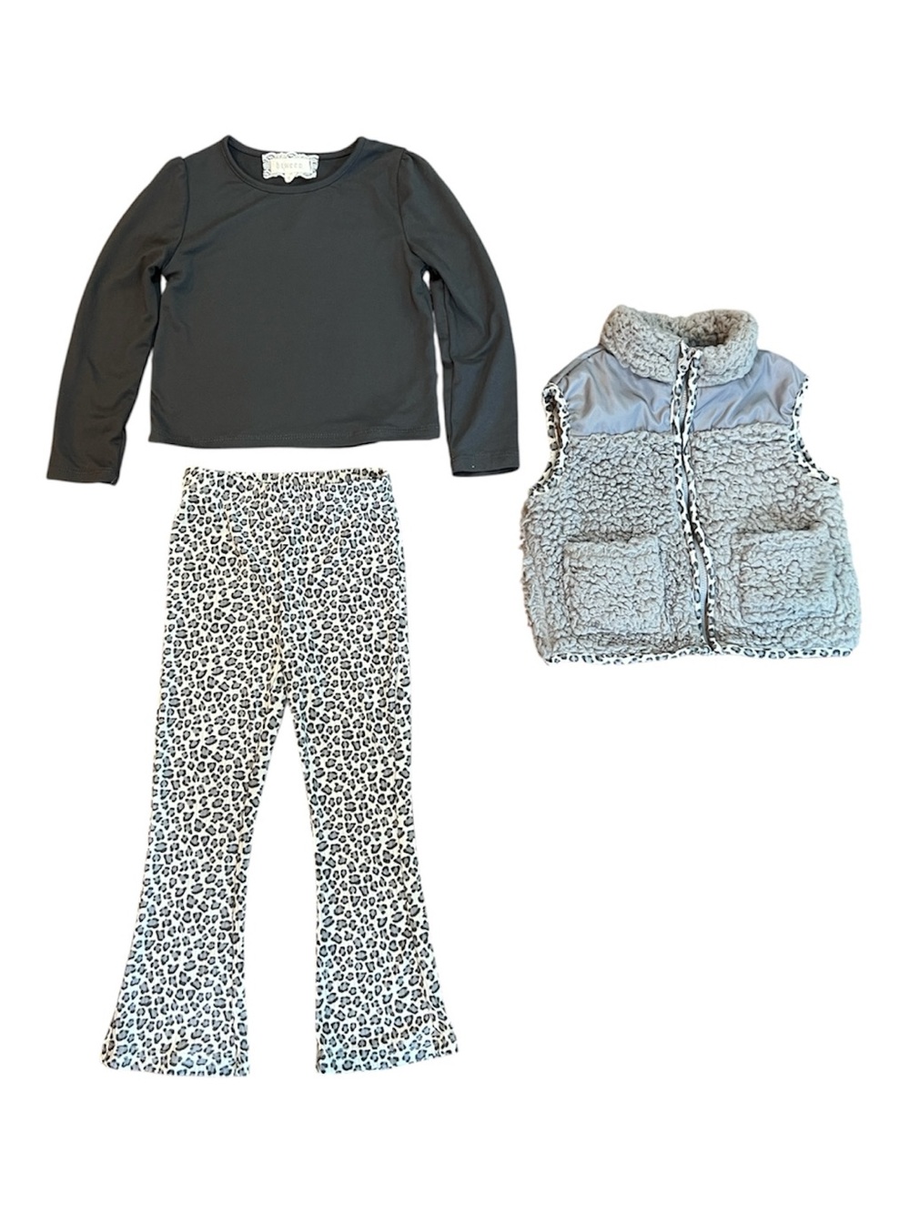Three Piece Outfit Gray Shirt with Leopard Flare Leggings and Vest
